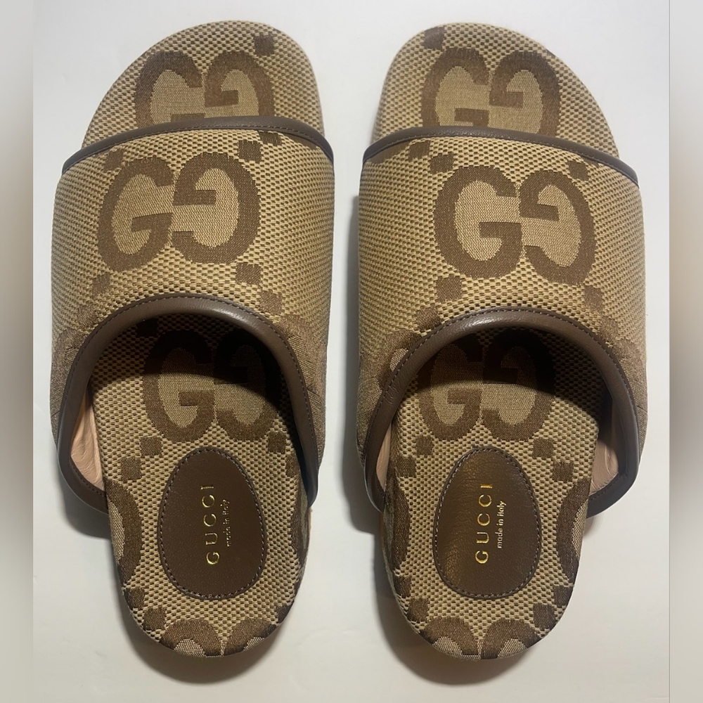NWT Gucci Women's Platform Slide Sandals Jumbo GG Canvas Brown Camel Size 37